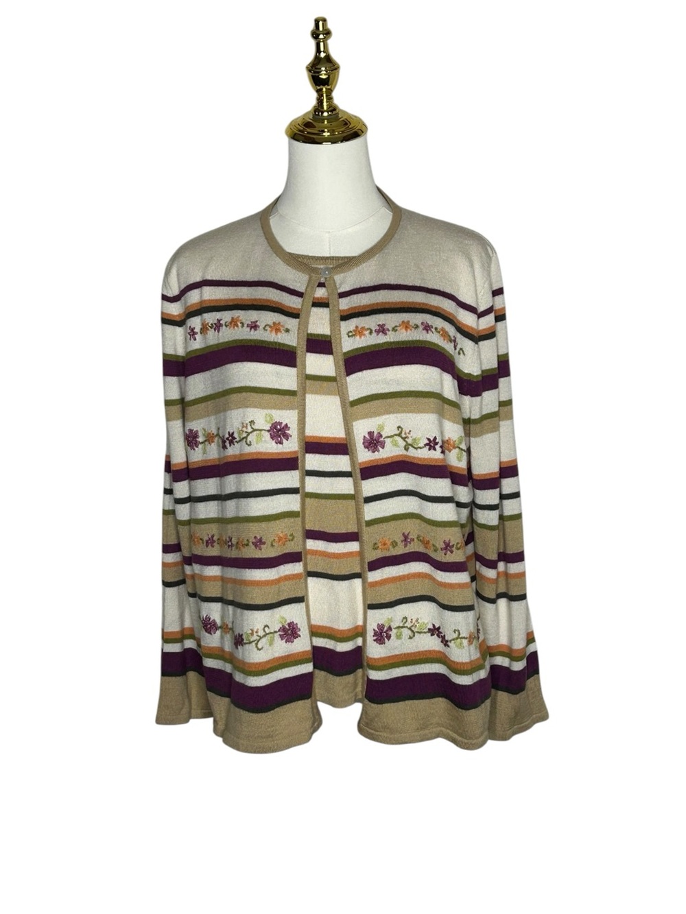 Alfred Dunner Vintage Cream Striped Floral Cardigan Cottagecore Sz L Grannycore